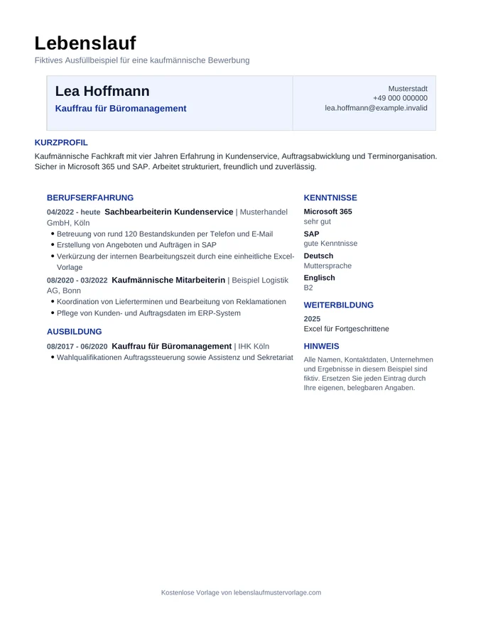 Seite 1 der kostenlosen Vorlage: fiktiver Lebenslauf von Lea Hoffmann